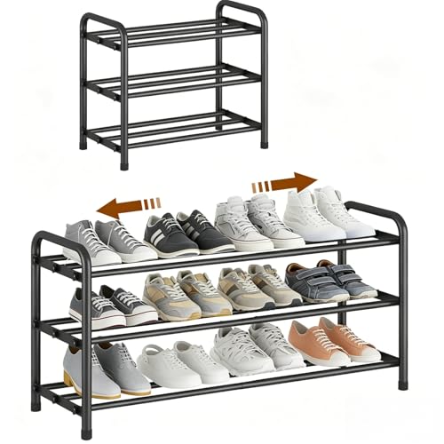 Zapatero Extensible de 3 Niveles, Zapateros de Metalico, Shoe Rack para 6-12 Pares de Zapatos, sapateira pequeño para Exterior, Armarios, Interior, Rango de Ajustable(45-80) cm ancho