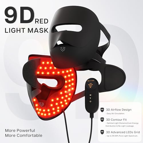 VRAIKO 9D LED Face Mask | Red Light Therapy Mask with 4 Modes, 328 LEDs, 3D Airflow Design & Light-Lock for Ultra-Comfortable Facial Spa | Premium Beauty Gifts for Women Men (Black)