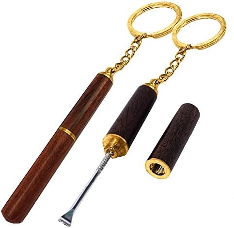 Arc Ear Pick | Brown Portable 2pcs Ear Wax Remover Set with Wood Handle Cap and Ring Chain | Safe Lightweight Skid Resistant Durable Ebony Steel for Home Doctor Office Medical Clinic Hospital | 1393