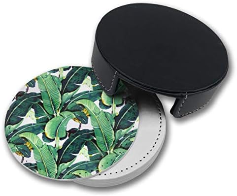 NGFF Banana Leaf Round Drinks Coasters with Holder Set of 6 PU Leather Cup Pads