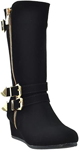 Girls Boots Mid Calf Knee High Wedge Heels Casual Shoes Buckles Zipper Black SZ 11 Toddler