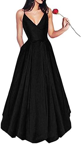 Yangprom Long Spaghetti Straps V-Neck Satin A-line Prom Dress with Pockets