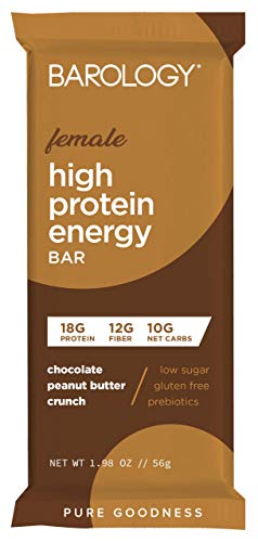 Barology High Protein Energy Bar for Women, Delicious Chocolate Peanut Butter Crunch, 18g High Protein, Low Sugar, 10g Net Carbs, 12g Fiber, Gluten Free, Prebiotics, 1.98 oz Bar, 12 Count Pack