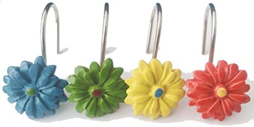 Twofishes 12 PCS Stainless Steel Decorative Shower Curtain Hooks 4 Color Chrysanthemums Bath Curtain Hooks Resin Floral Shower Curtain Hooks （Yellow Green Red Blue