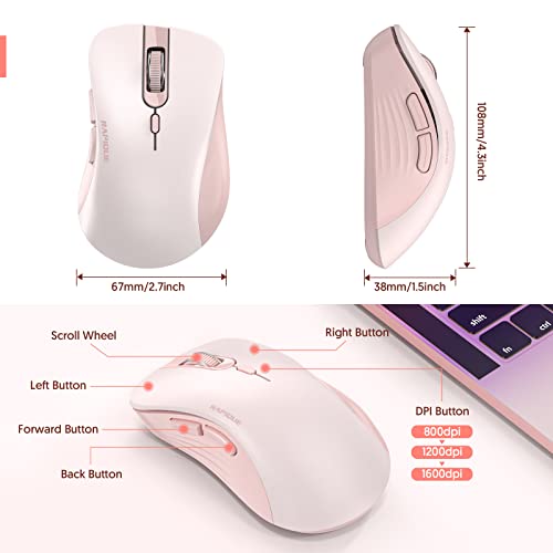 RAPIQUE Wireless Mouse, 2.4G Silent Computer Mice with USB Receiver & Type-C Adapter, Portable Mobile Optical Cordless Mouse for Laptop, PC, Desktop, MacBook, 3 DPI Adjustment Levels (Pink)