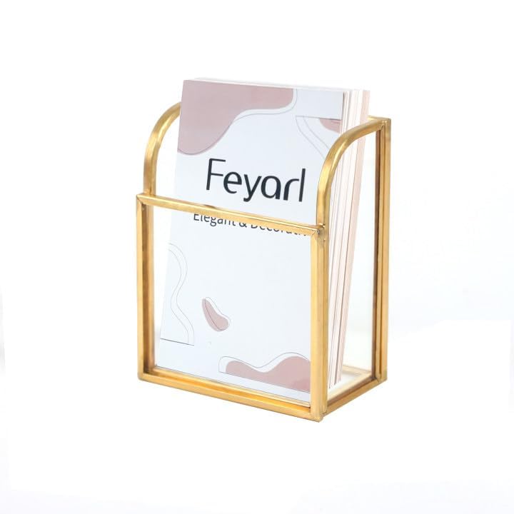 Feyarl Glass Business Card Holder Stand Gold Vertical Business Card Display Holder Business Name Card Organizer Storage for Office Desktop Countertop (1 Piece