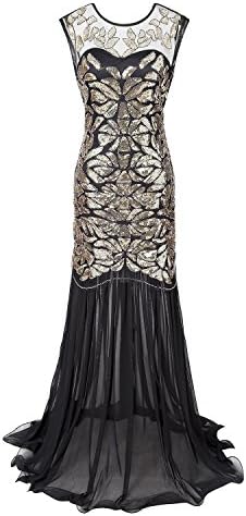 Morovigo Women 's 1920s Black Sequin Gatsby Maxi Long Evening Prom Dress (gold, M)