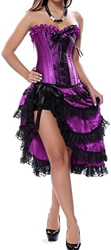 Colyanda Women's Sexy Satin Overbust Lace Up Burlesque Corset With Dress Set(Purple 6XL)