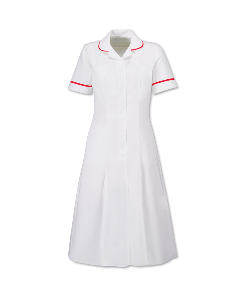 Alexandra STC-HP370WRE-84 Zip Front Dress with Contrast Collar, Plain, Unhemmed, 67% Polyester/33% Cotton, Red Trim, Chest: 8, Size: 84 cm, White