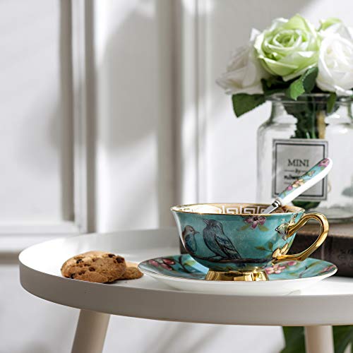 Panbado 3 Piece Bone China Tea Cup Saucer Set with Spoon Porcelain Gold Rimmed Teacup Coffee, Flower and Birds, 200 mL/6.8 oz, Blue, Cup & Saucer