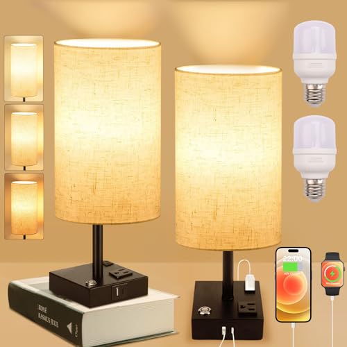 LONGLIV 2 Pcs Lampara de Buró, Lámpara de Mesita de Control Táctil, Lámpara de Mesita de Noche, Brillo de 3 Niveles, con Puerto USB, Puerto Type-C y 2 Toma de Corriente (Bombilla LED Incluida) (2)