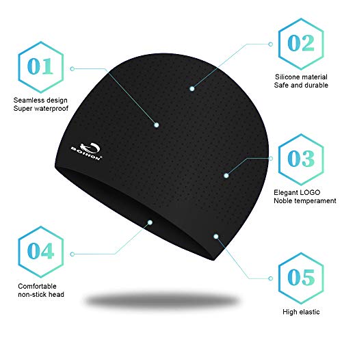 Pansonite Silicone Swim Cap-Adults Youths Men Women Inside Particle Bathing Cap for Long or Short Hair Waterproof Pool Caps with Grain Makes Your Hair Dry (Black)