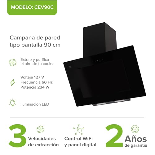 AVERA Campana para cocina de pared 90 cm, Diseño tipo pantalla, 3 velocidades, Filtros de malla metálicosy carbón activado, Acero inoxidable y vidrio templado, Control WIFI y panel digital | CEV90C
