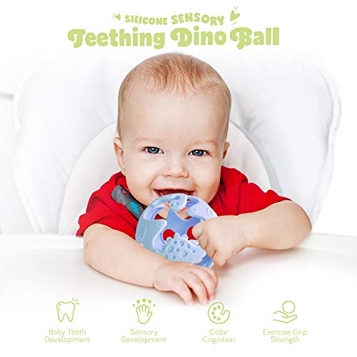 Ashtonbee Baby Teething Ball, Teething Toys for Baby, Dinosaur Teether Ball, Baby Teething Pacifier, Lightweight Teething Sensory Balls (Blue) - Thumbnail 2