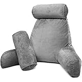 Clara Clark Bed Rest Reading Pillow with Arms and Pockets Premium Shredded Memory Foam, Detachable Neck Roll & Lumbar Support, Large, Gray
