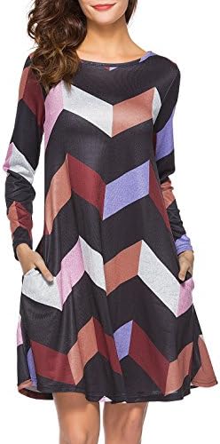 ZJCT Women’s Long Sleeve Pocket Dress Color Block Casual Swing T-Shirt Dresses Black M
