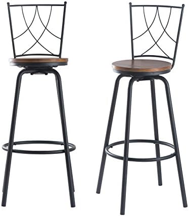 URANMOLE Wood Round Pub Bar Table Cocktail Table Pedestal Table - Kitchen Dining Room Bistro Coffee Garden Living Room Table - Wood Top Black Metal Leg and Base (Bar backrest chair-set of 2)
