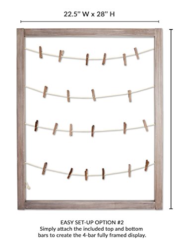 Reimagine Hanging Photo Display- Wood Wall Picture Frame Collage Board for Hanging Prints, Instax, Polaroid, Holiday Cards, Artwork- Display 2 Ways- Adjustable String, 40 Clothespin Clips- Rustic Grey
