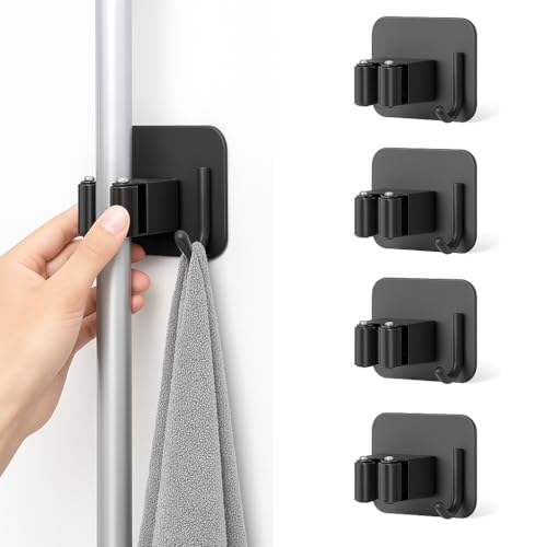 MIQUEP® ️ 4 x Stylish Adhesive Broom and Mop Hanger | Broom Holder Wall Without Drill, Broom Hanger Hooks for Home Cleaning.