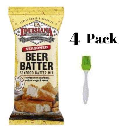 Louisiana Fish Fry Seasoned Beer Batter Mix 8.5 oz (Pack of 4) Bundled with Silicone Basting Brush in a Prime Time Direct Sealed Bag