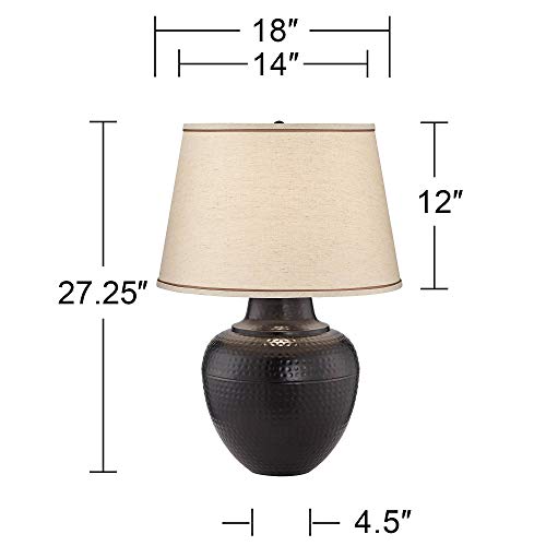 Brighton Rustic Table Lamp Hammered Bronze Metal Pot Beige Linen Drum Shade for Living Room Family Bedroom Nightstand - Barnes and Ivy - Thumbnail 6