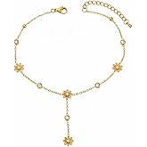 Gweqou Anklets for Women Dainty CZ Ankle Bracelet 18K Gold Plated Waterproof Boho Dot Star Moon Daisy Ocean Beaded Anklet Trendy Foot Jewelry