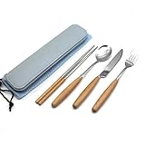 Fork Spoon Knife Chopsticks Set, Rerii Stainless Steel & Wood Cutlery Set, Portable Flatware Set, Travel Utensils Set with Carrying Case, Bag for Work, Outdoor Travel