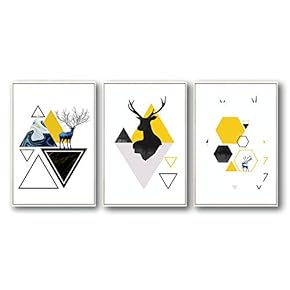 Deer And Colorful Shapes - 3 Panel Framed Canvas
