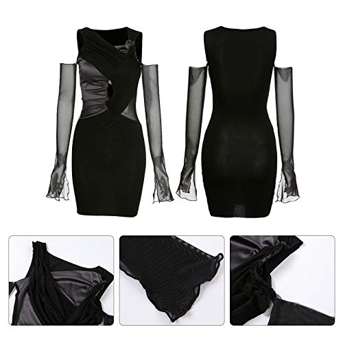 Kcibyvx Dames herfstjurk lange mouwen schoudervrij bodycon mini-jurk sexy H-out gothic jurk met V-hals gestapelde… - Image 4