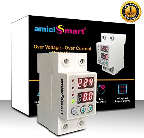 amiciSmart Automatic Over/Under Voltage (Adjustable Setting) Protection with Auto Re-Connect LED Display Standard Din-Rail Mounted Single Phase 220V, 63A (Voltage Protector)
