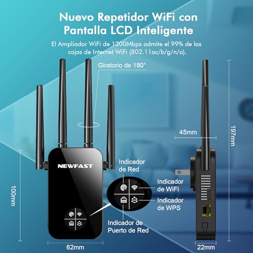 NEWFAST Repetidor WiFi AC1200 Amplificador Señal WiFi 5GHzy2,4GHz Amplificador Wi-Fi, 4 * 3dBi Antenas, Punto de Acceso con Cobertura de 360°,Extensor Wi-Fi