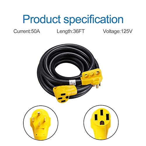 EPICORD RV Extension Cord(50Amp 36Ft power cable) Heavy Duty with Handle for Outdoor use(for Boat to Shore/RV),(3/C 6AWG+1/C 8AWG).SJTW,(14-50P) to (14-50R),(Truck/Trailer/Motorhome/Camper)