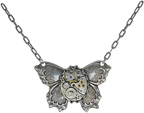 Handcrafted Silvertone Classic Butterfly Steampunk Clockwork Vintage Victorian Style Pendant Necklace