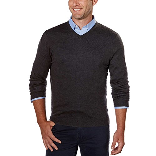 Calvin Klein Mens Merino Solid V-Neck Sweater (Ansa Grey, X-Large)