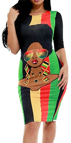 Speedle Womens Crew Neck Midi Sleeves Colorful Striped Cartoon Graffiti Print Pencil Dress Green S