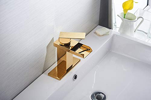 Bathfinesse Bathroom Sink Faucet Waterfall Spout Single Handle One Hole Lavatory Gold