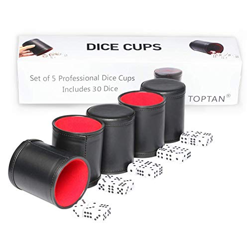 Leatherette Dice Cup Set Red Felt Lined Shaker with 6 Dot Dices for Yahtzee Farkle Bar Party Dice Games-5 Pack