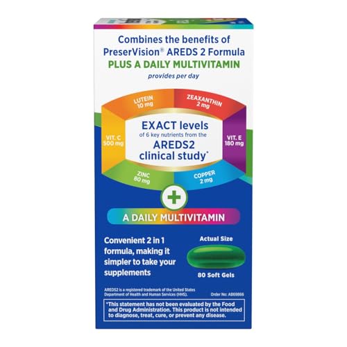 PreserVision AREDS 2 + Multivitamin, #1 Eye Doctor Recommended Brand, 2-in-1 Eye Vitamin with Lutein, Zeaxanthin, Zinc, and Vitamin C, D & E, 80 Softgels