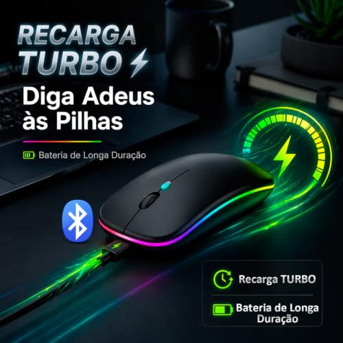 Mouse Bluetooth Recarregável sem Fio Dupla Conexão, e USB, Wireless Mouse compatível com iPhone, MacBook,iPad,Laptop,PC,Notebook, Tablet,Ergonômico, Premium Yecna (Preto)
