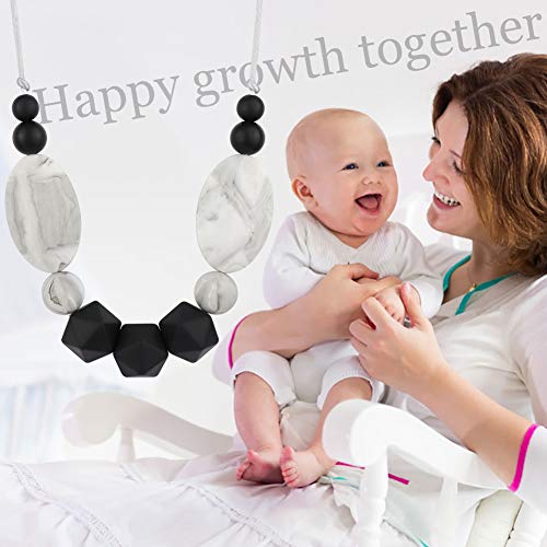 TUXEPOC Nursing Necklace for mom to wear Silicone Feeding teether Safe chew Beads for Babies Necklace bpa Teething Baby Calm Necklace (Black and White)