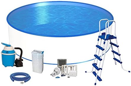 Swimming Pool with Walls of Steel, Comfortable and Round Shape, in many sizes, 2 m Diameter up to 5 m and available in 2 Depths of 1.20 m and 1.35 m, Layer of 0.6 mm, 0.6 mm or 0.7 mm (depending on Deep), Sand Filter with 4.0 m³/h or 5.5 m³/h, Safety Step Ladder with Removable Ladder, Input set of hose, Skimmer, Spout and Quartz Sand Filter 4,2m x 1,2m