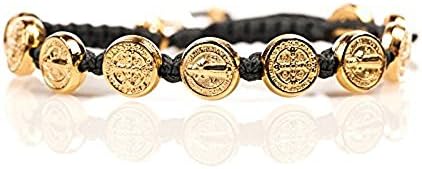 Slate Grey Blessing Bracelet with Gold Medals. This Bracelet Is Hand-made in Medjugorje At the Base of Apparition Hill, Where It Is Reported That the Blessed Virgin Mary Started Appearing to a Group of Children in 1981. Each Bracelet Is Made Using 10 Benedictine Medals and a "Blessed" Tag, and Comes Mounted on a Card Telling the Story of Medjugorje and the Powerful Benedictine Medal.