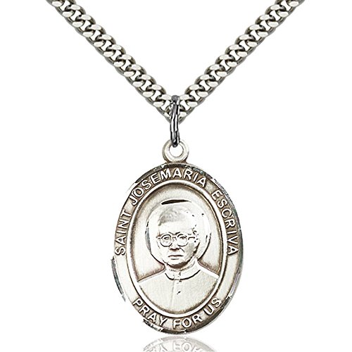 Sterling Silver St. Josemaria Escriva Pendant 1 x 3/4 inches with Heavy Curb Chain