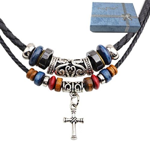 PopStar@ "Double Beads String &amp; Cross" Thong Necklace, Adjustable Length Upto 20" (PS-1064)