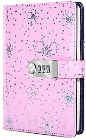 PU Leather Journal with Lock, A5 Size Diary with Combination Lock (Journal with Combination Lock) Password Notebook Locking Student Diary Notepad (Pink)