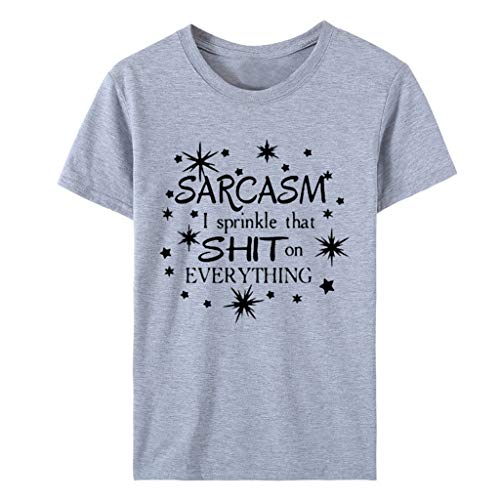 FakMe Short Sleeve T Shirt for Women, Summer Letter Printed Round Neck Top Tunics Casual Blouse (S, Gray)