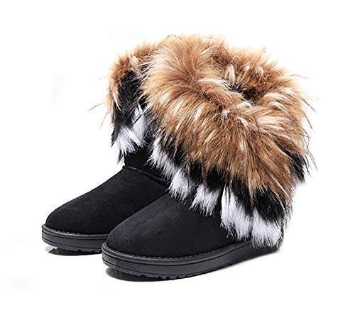 King Ma Women's Faux Fur Tassel Winter Snow Boot Suede Flat Ankle Boots Black - Thumbnail 3