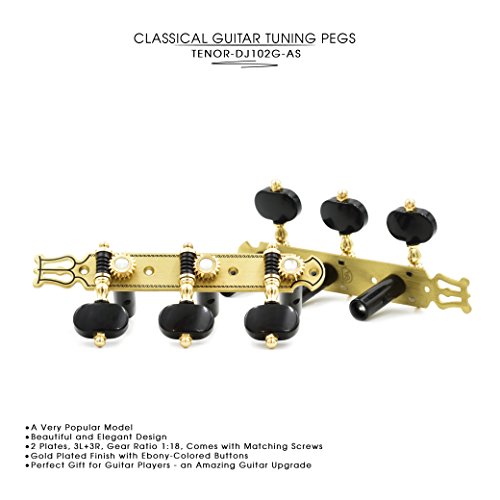 DJ102G-AS TENOR Classical Guitar Tuners Professional Tuning Key Pegs/Machine Heads for Classical or Flamenco Guitar with Gold Finish and Black Buttons. - Thumbnail 5