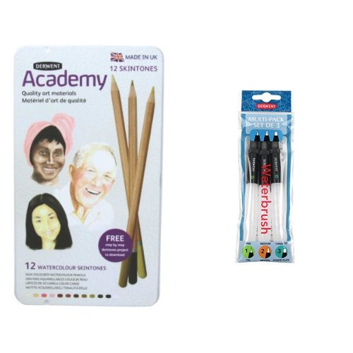 Derwent Academy Watercolour Skintones Tin Set of 12 Skin Coloured Watersoluble Pencils with Derwent Waterbrush Multi-Pack (Pack of 3)