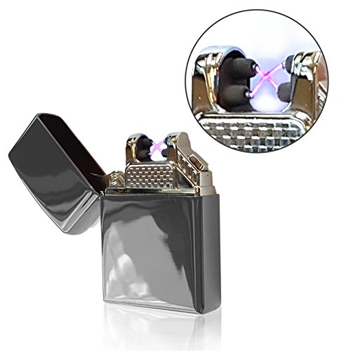 Dual Plasma Beam Windproof Flameless Double Tesla Electric Arc Spark USB Rechargeable Cigar Cigarette Pipe Lighter (Metallic Black)
